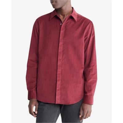 Calvin Klein Mens Regular Fit Solid Corduroy Button Up Shirt, Red, X-Large