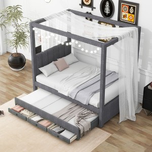Twin/Full Size Upholstery Canopy Platform Bed with Trundle and 3 Storage Drawers-ModernLuxe - 1 of 4