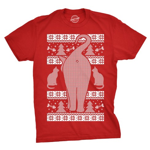 Mens Festive Cat Butt Ugly Christmas Sweater T Shirt Funny Holiday Novelty Top Crazy Dog Men s T Shirt Red 5XL