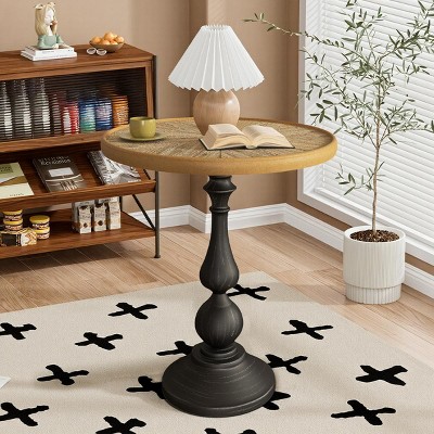 French Country Round Wooden Side Table, Black Retro Accent Pedestal Tea End Table for Living Room or Bedroom – Cuddlewood