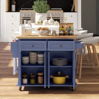Navy Blue Rubberwood Kitchen Cart with Spice Rack and Storage