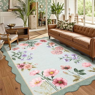Farmhouse Washable Rug Floral Living Room Rug with Non Slip Rubber Backing, Foldable Floor Mats