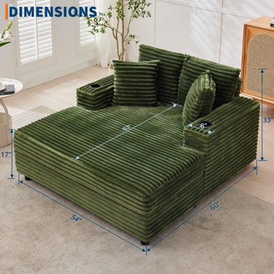Oversized Chaise Lounge Chair , Comfy Corduroy Lounge Sofa with Charging Station, Cup Holders & Throw Pillows, for Living Room Apartments