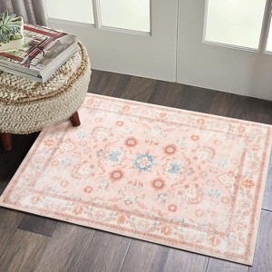 Floral Medallion Washable Rug, Non Slip Boho Accent Carpet for Entryway Bedroom Kitchen or Office, Soft Low Pile - 1 of 4