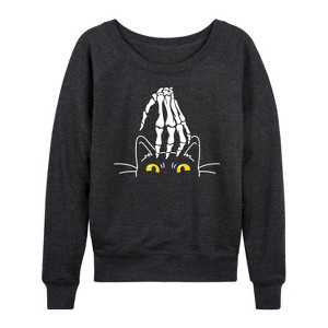 Women's - Instant Message - Skeleton Hand Petting Black Cat Lightweight French Terry Wide Neck Long Sleeve Shirt - 1 of 4