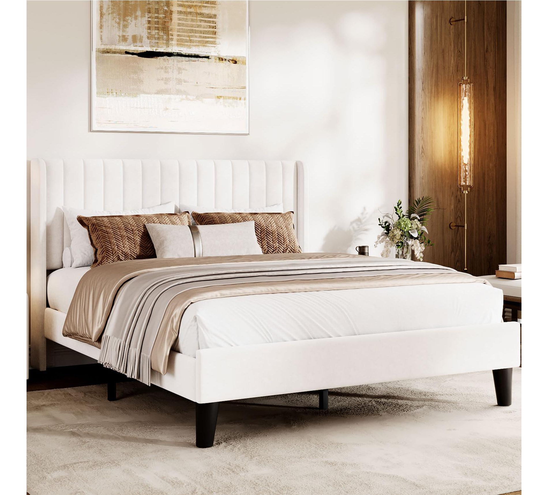 Bed Frame with Vertical Channel Tufted Wingback Headboard, Upholstered Platform Bed Frame with Strong Wooden Slats Support
