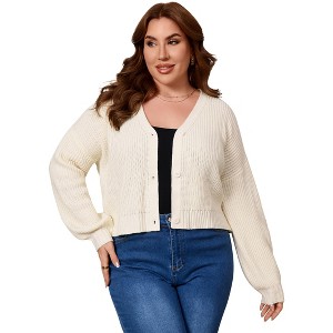 Women's Plus Size Cropped Cardigan Long Sleeve V-Neck Outerwear Button Down Knit Sweater - 1 of 4