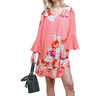 Women's Floral Print Bell Sleeve Mini Dress - umgee
