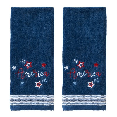 2pc Americana Script Hand Towel Set - SKL Home: Velour Cotton, Patriotic Bathroom Decor, Star Pattern
