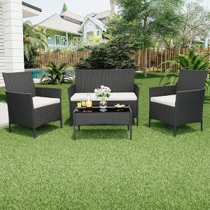 4-Piece All-Weather Wicker Patio Set, Outdoor Rattan Conversation Furniture with Cushions & Glass Table, for Garden, Porch, Poolside - 1 of 4