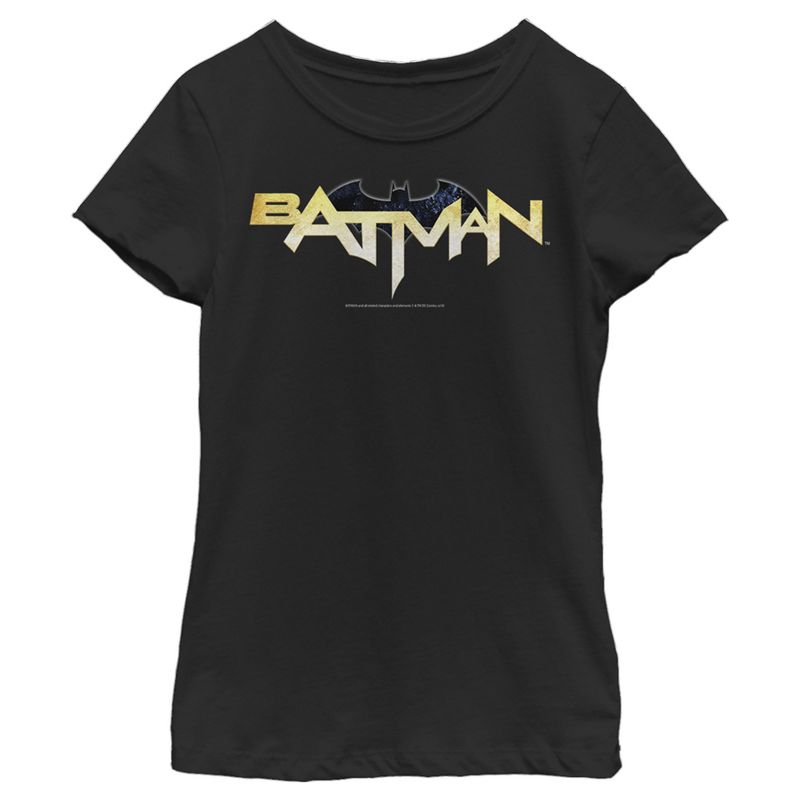 Girl's Batman Logo Messy Text T-Shirt, 1 of 5