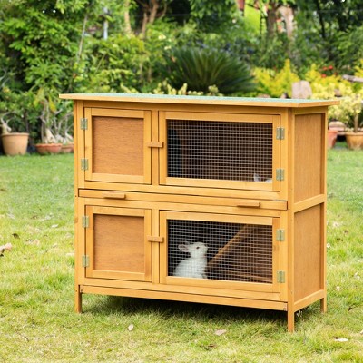 Yellow Wooden Rabbit Hutch with Ramp and Weatherproof Roof