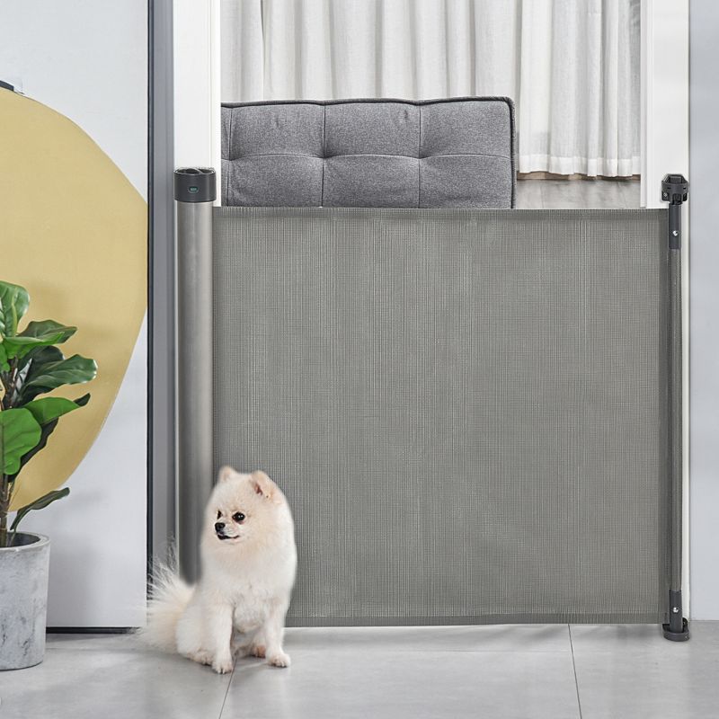 PawHut Retractable Pet Barrier, Mesh Safety Dog and Baby Gate, Extends to 55" for Narrow or Wide Doorways, Hallways, Stairs, gray, 3 of 7