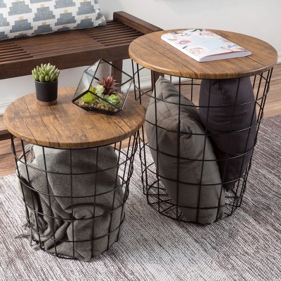 Hastings Home Wire and Wood Nesting End Tables With Storage - Brown/Black, Set of 2