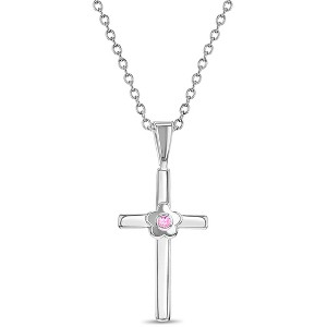 Girls' Flower CZ Cross Sterling Silver Necklace - In Season Jewelry - 1 of 4