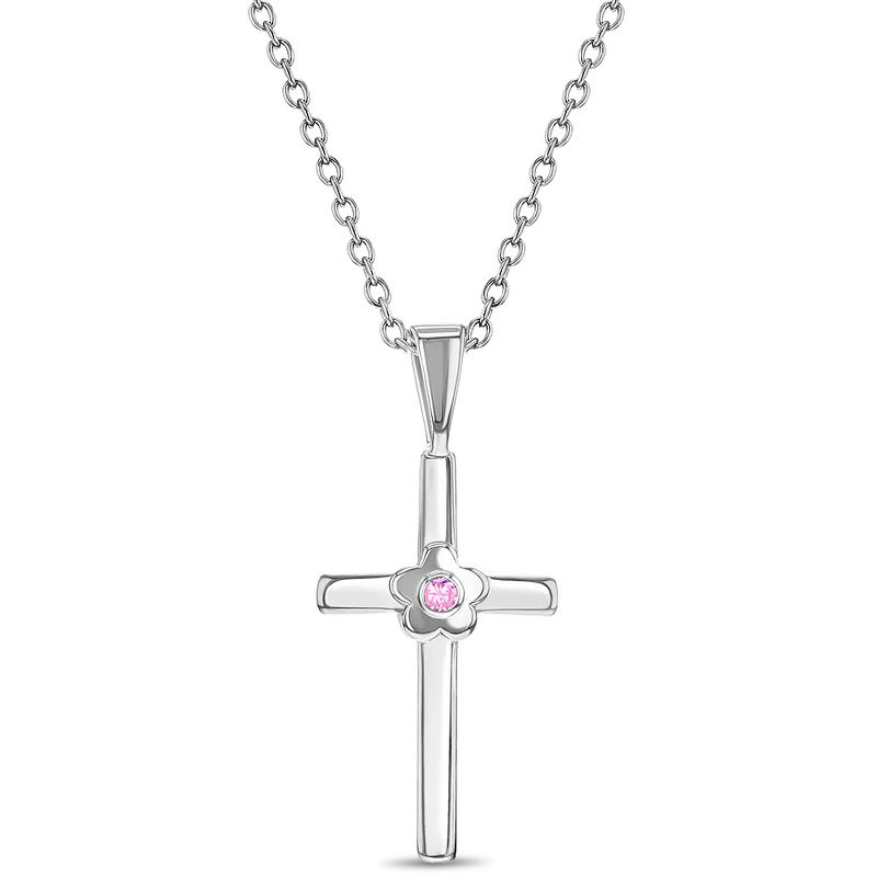 Girls' Flower CZ Cross Sterling Silver Necklace - In Season Jewelry, 1 of 7