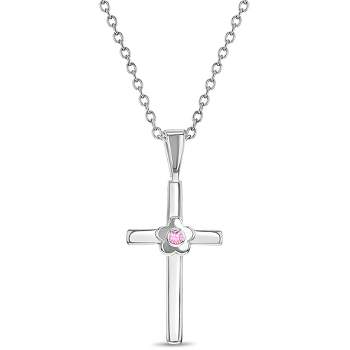 Girls' Flower CZ Cross Sterling Silver Necklace - In Season Jewelry