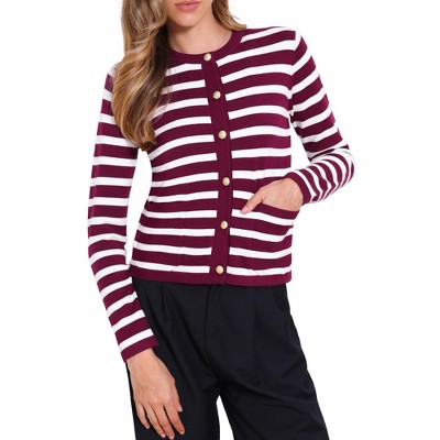 INSPIRE CHIC Women's Button Down Long Sleeve Crew Neck Color Block Striped Crop Sweater