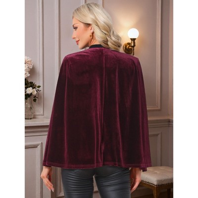 INSPIRE CHIC Women Velvet Cape Split Long Sleeve Open Front Side Pockets Cardigan Blazer Coat Large Burgundy — фото 3