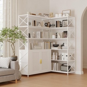 Corner Bookshelf, 6 Tier L-Shaped Industrial Bookcase with Cabinet, Vintage Farmhouse Corner Shelf - 1 of 4