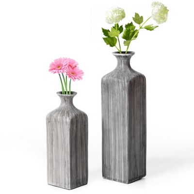 Uniquewise Grey Striped Decorative Square Table Centerpiece Flower Vase Display Modern Home Decor Accent Stylish Elegant Ornamental Accessory