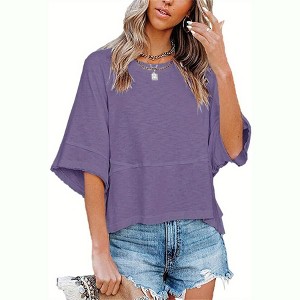 Imily Bela Women's Half Sleeve T-Shirts Solid Color Loose Flowy Tops T-shirt - 1 of 3