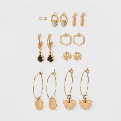 Mixed Semi-Precious with Geometric Charms Stud Earring Set 8pc - Universal Thread™