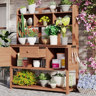Outdoor Potting Bench with Hutch, Wood Garden Workstation, Plotting Bench with Drawer and Adjustable Shelves and Cabinets-Coolbibila