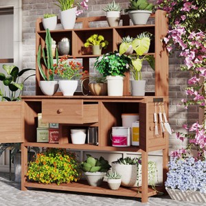 Outdoor Potting Bench with Hutch, Wood Garden Workstation, Plotting Bench with Drawer and Adjustable Shelves and Cabinets-Coolbibila - 1 of 4