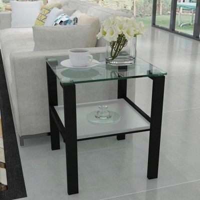 Square Side Table With Tempered Glass Tabletop, Modern 2 Layer Glass Table With Storage Shelf, Small Coffee/Tea Table