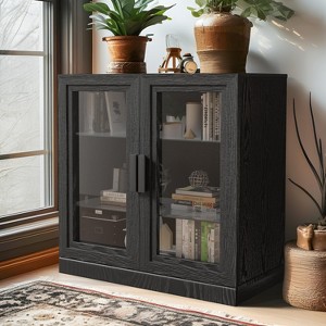 PexFix 31" Modern Wood Bookshelf Storage Cabinet with 2 Glass Door and Adjustable Shelf for Kitchen Bedroom Entryway Living Room Dinning Room Black - 1 of 4