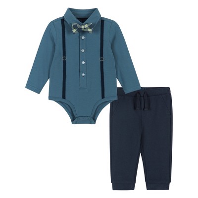 Image of Andy & Evan Infant  Boys Teal Suspender Shirtzie Set Blue, Size 0-3 Months.