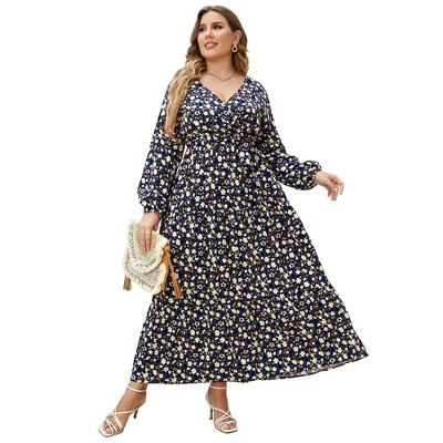 Clearlove Women's Plus Size V-Neck Long Sleeves A-Line Pleated Floor Length Formal Dress