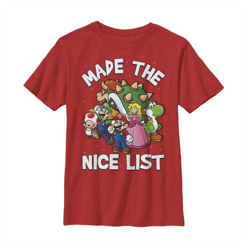Boy's Nintendo Mario Character Nice List T-Shirt, 1 of 4