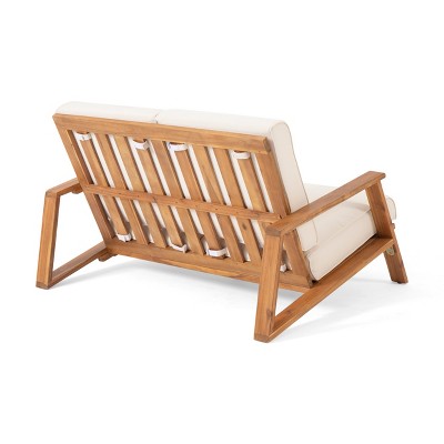 Teak Finish Beige Acacia Wood Loveseat and Coffee Table Set