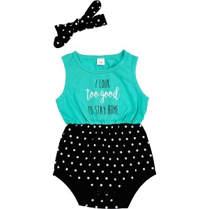 Pavilion Gift Company - Look Too Good - 6-12 Months Teal & Black Romper with Headband - Leotards and Bodysuits - 1 of 4
