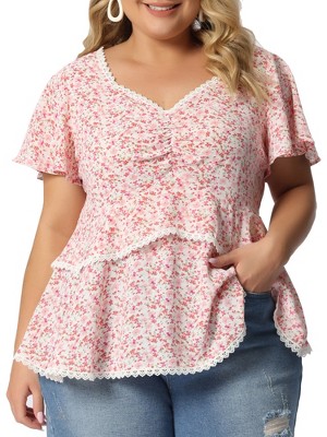 Agnes Orinda Women's Plus Size Tiered Floral Babydoll Ruffle Short Sleeve Blouses