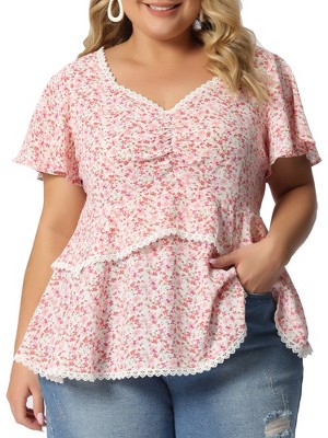 Agnes Orinda Women's Plus Size Tiered Floral Babydoll Sweetheart Neck Ruffle  Short Sleeve Blouses Pink 3x : Target