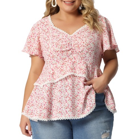 Agnes Orinda Women's Plus Size Tiered Floral Babydoll Sweetheart Neck  Ruffle Short Sleeve Blouses Pink 3X