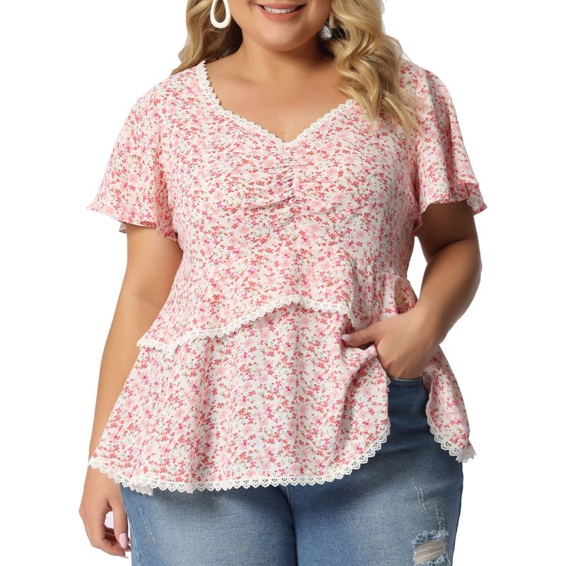 Agnes Orinda Women's Plus Size Tiered Floral Babydoll Ruffle Short Sleeve Blouses, 1 of 7