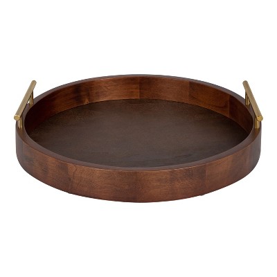Walnut Brown Round Wood Tray with Gold Handles, 18"