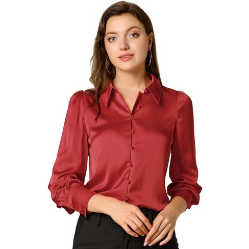 Red satin store button up shirt