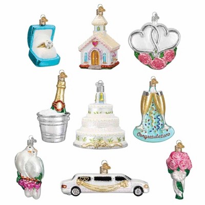 Old World Christmas 16.5 Inch Just Married Collection Wedding Cake Champagne Limo Tree Ornament Sets