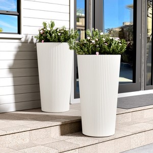 Maggift Planters Tall Planters, 2PCS Indoor Planter Pot Outdoor, Large Flower Pot Cone Striped Plastic Flower Pot , White 13"*13"*23.6" - 1 of 4