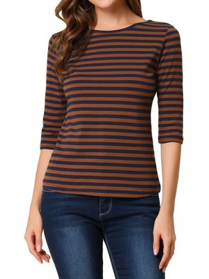 INSPIRE CHIC Women's Elbow Sleeves Boat Slim Fit Casual Stripe Animal Print Multi Floral Pattern T-Shirt