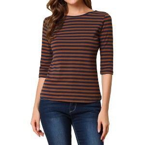 INSPIRE CHIC Women's Elbow Sleeves Boat Slim Fit Casual Stripe Animal Print Multi Floral Pattern T-Shirt - 1 of 4