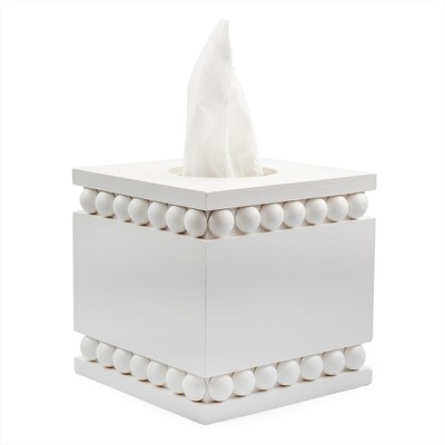 AuldHome Design Beaded Tissue Box Cover White; Rustic Farmhouse Wood Tissue Holder