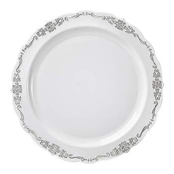 Smarty Had A Party 10" White with Silver Vintage Rim Round Disposable Plastic Dinner Plates (120 Plates)