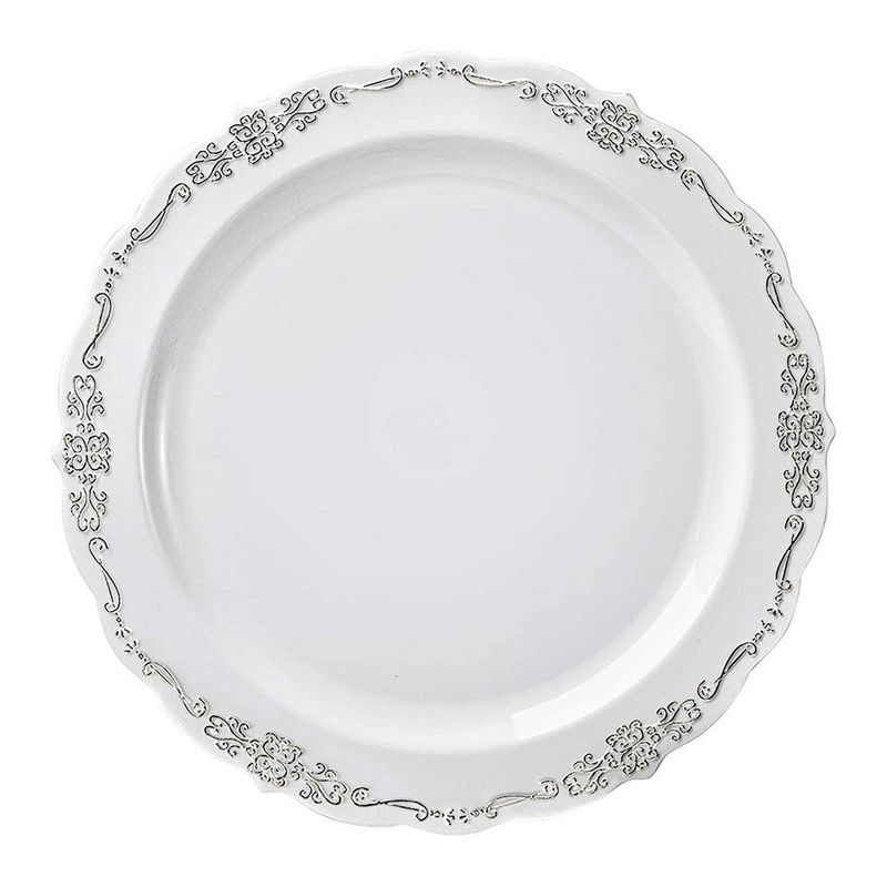 Smarty Had A Party 7.5" White with Silver Vintage Rim Round Disposable Plastic Appetizer/Salad Plates (120 Plates), 1 of 5