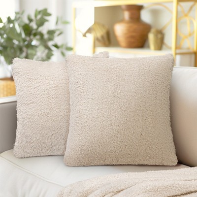 Trinity 2 Pieces Shaggy Fluffy Faux Fur Decorative Throw Pillow Cover, Taupe, 18 x 18 Inches